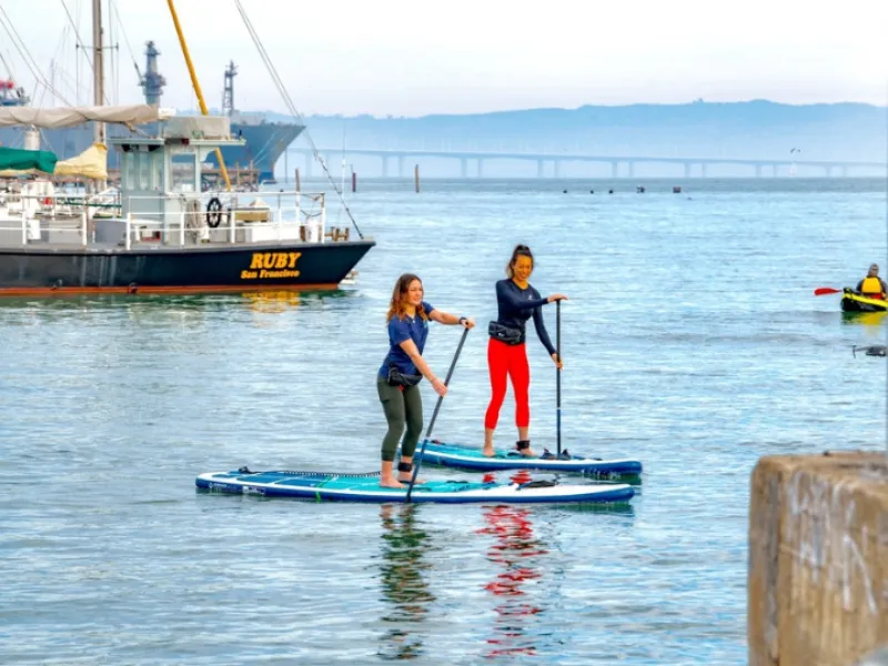 Paddle board instructor with group on San Francisco Bay
