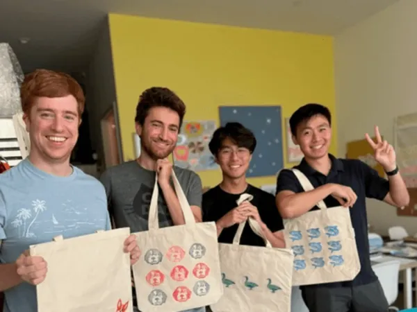 Block printing tote bag workshop for teams in San Francisco.