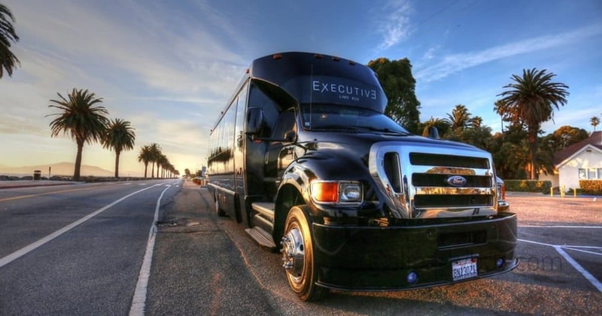 Black party bus parked on a palm-lined waterfront road at sunset