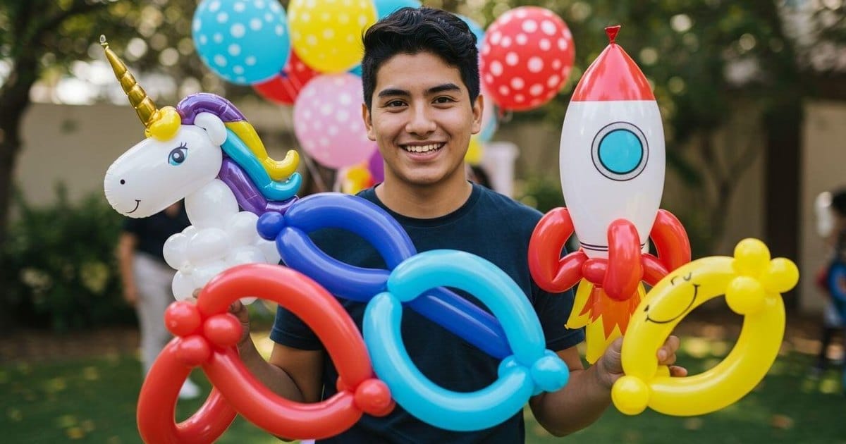 Balloon twister holding unicorn, rocket and smiley balloon sculptures at an outdoor kids party, from a Bay Area face paint and balloon listing