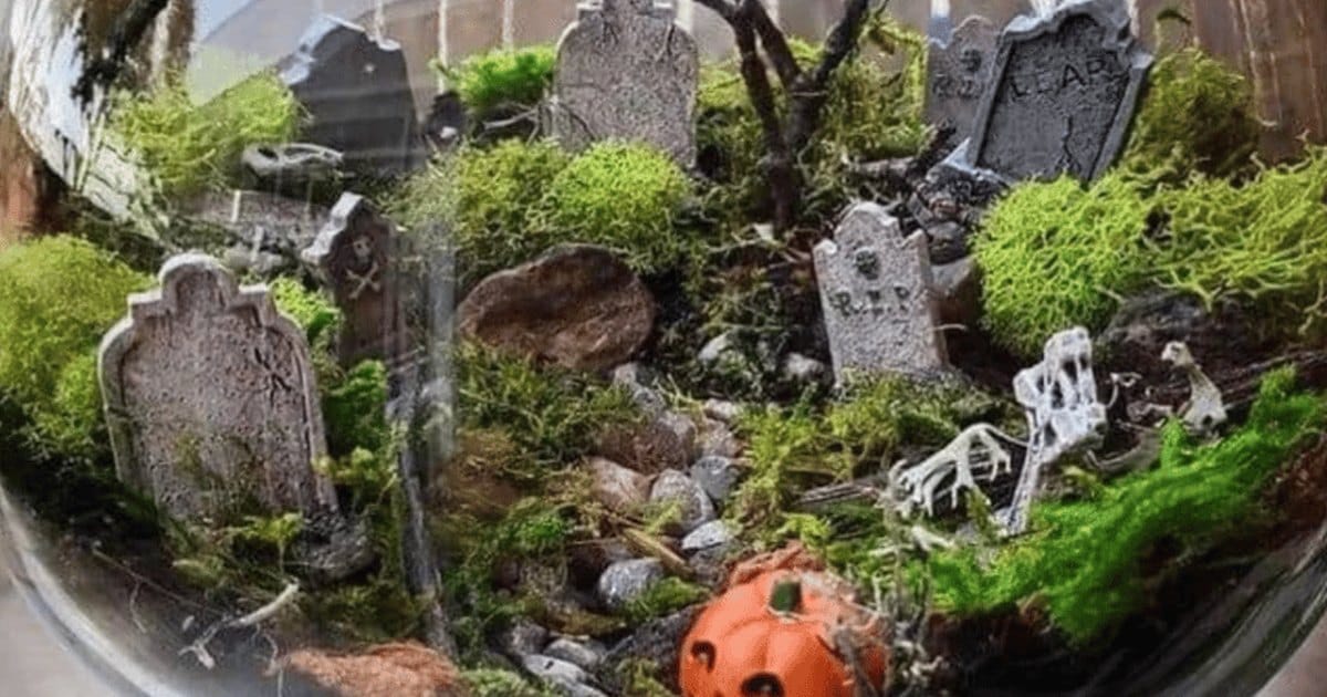 Glass bowl terrarium with moss, miniature tombstones, a bare twig tree, a small skeleton and a tiny jack-o'-lantern