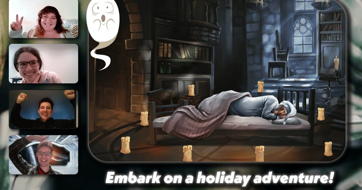 Four smiling players on video tiles beside an illustrated candlelit bedroom scene, with the words Embark on a holiday adventure