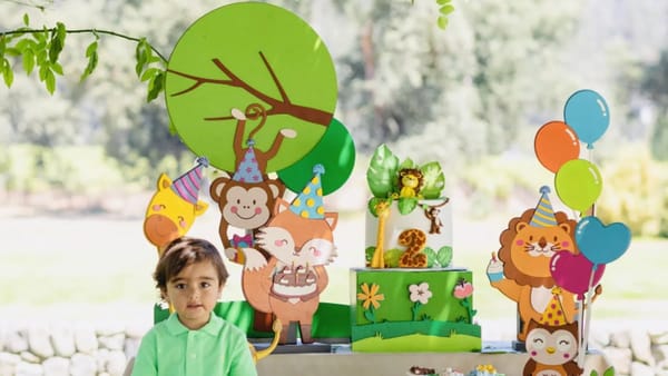 Jungle themed kids birthday party table outdoors with animal cutouts, balloons, and a green number two cake