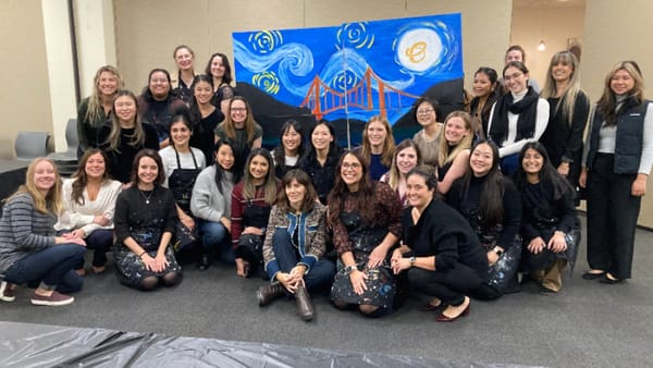 Corporate team posing with the finished bridge mural they painted together at a Peninsula team building workshop