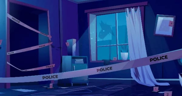 Crime scene themed room from a murder mystery team game, used for a Halloween team building guide
