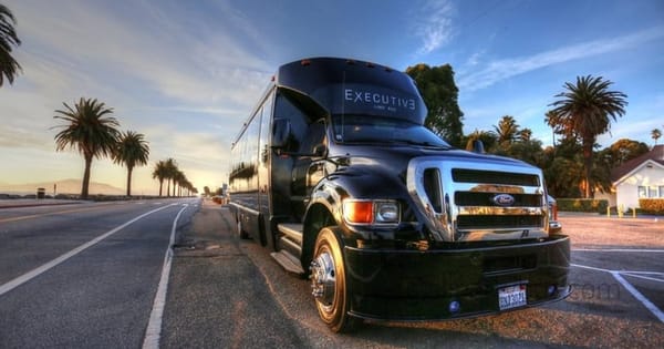 Black party bus parked on a palm-lined waterfront road at sunset