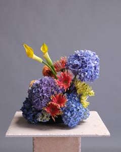 Colorful Modern Event Centerpiece with Hydrangea and Dahlias – Florists