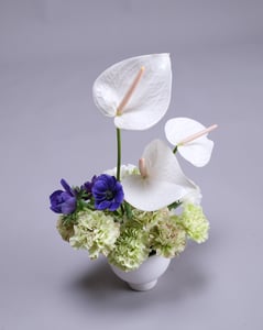 Compact White and Green Arrangement with a Blue Anemone – Florists